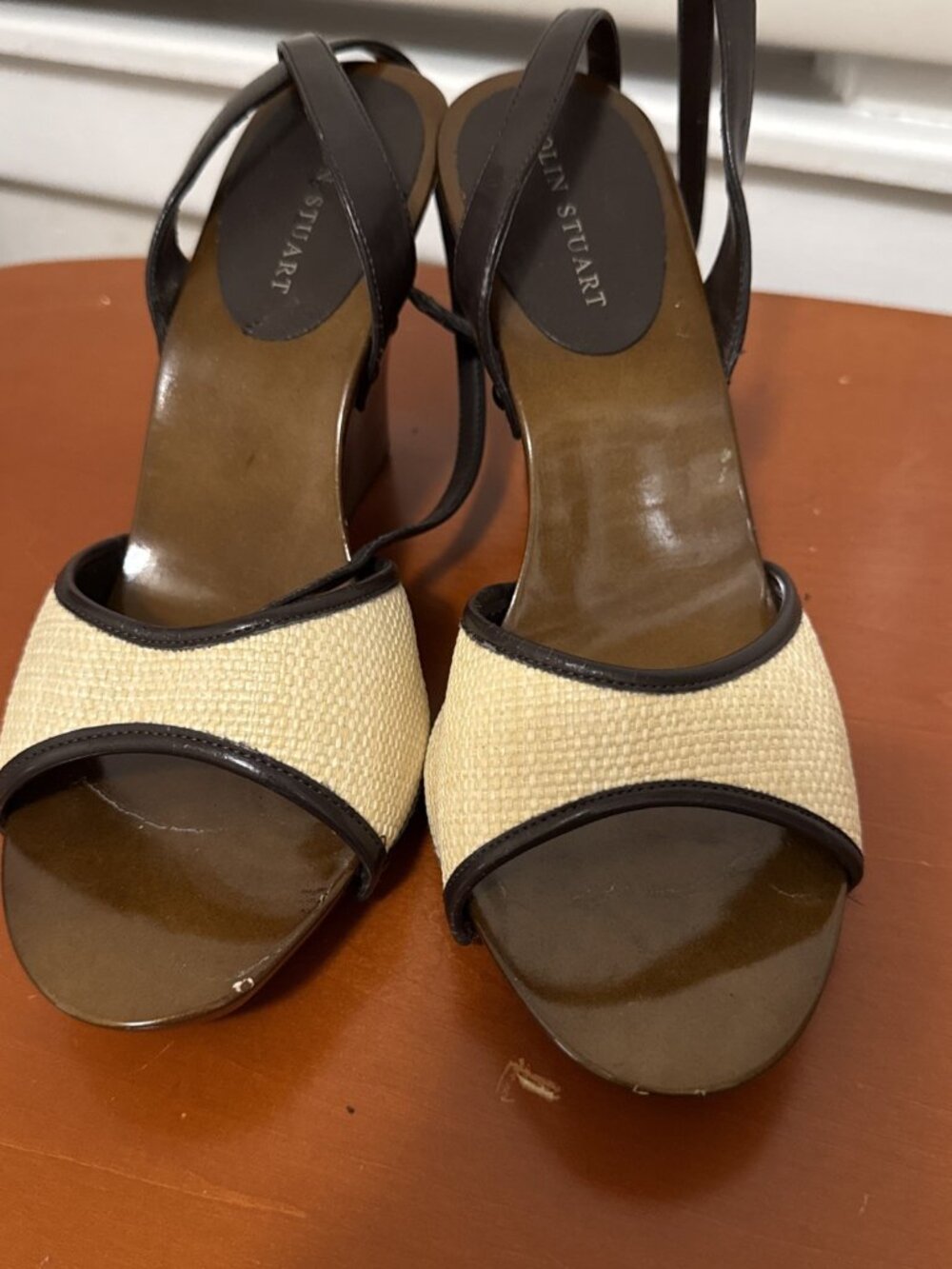 WOMENS COLIN STUART Brown Wood & Woven Straw WEDGE HEELS SIZE 8 Nice